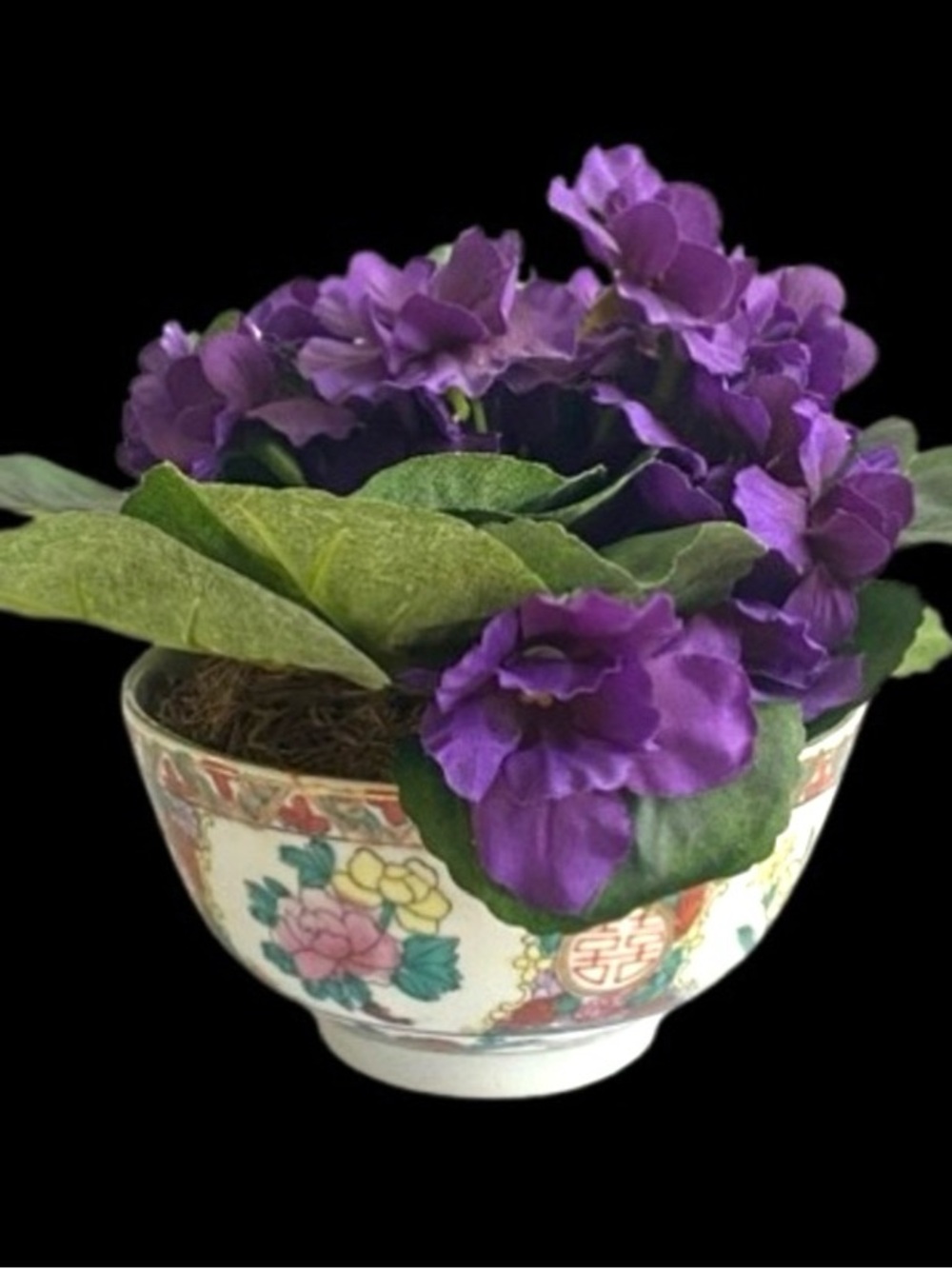 Artificial Purple African Violet in Hand Painted Ceramic Oriental Design Planter